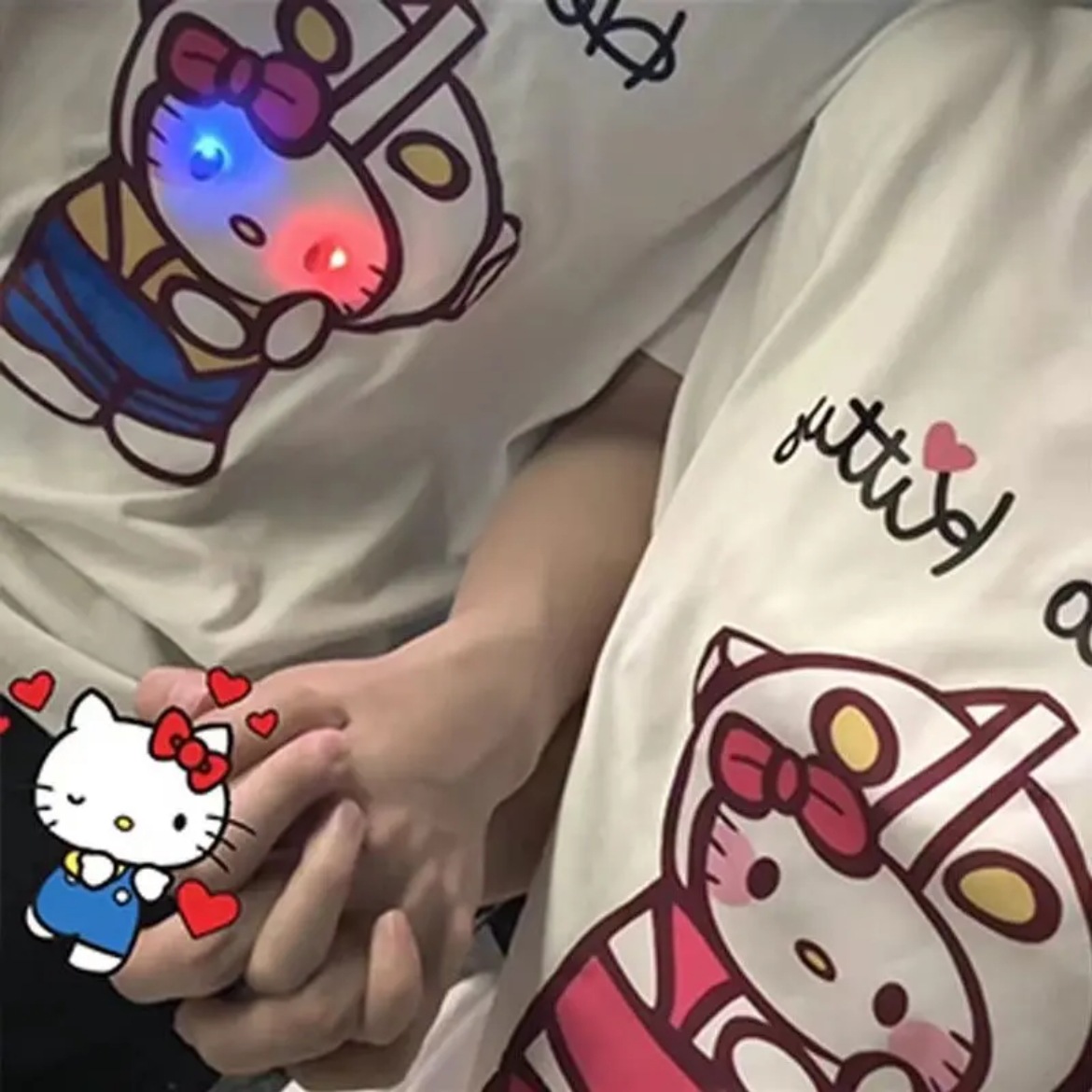 亲子装成人儿童可爱HelloKitty发光t恤女夏季情侣纯棉亮灯短袖潮