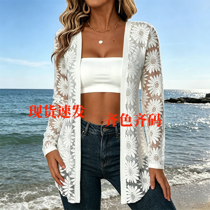 In-Stock 2026 New Model Cross-Border European and American Amazon Casual Beach Style Sunflower Mesh Cardigan Women's Top In-Stock 2026 New Model Cross-Border European and American Amazon Casual Beach Style Sunflower Mesh Cardigan Women's Top