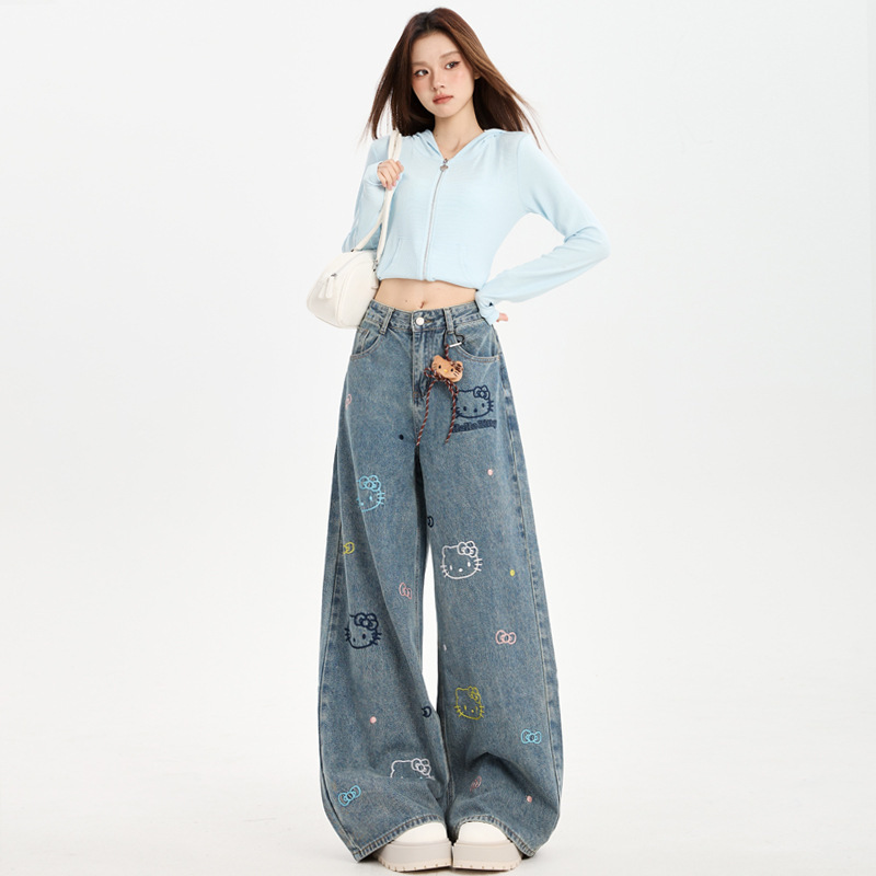 卡通刺绣韩系百搭牛仔裤女2025秋季新款宽松阔腿显瘦慵懒风直筒裤|undefined