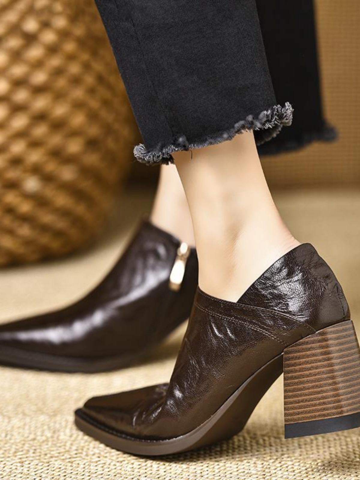 Women's Retro Chunky Heel Shoes Square Toe With Side Zipper_voghion.com