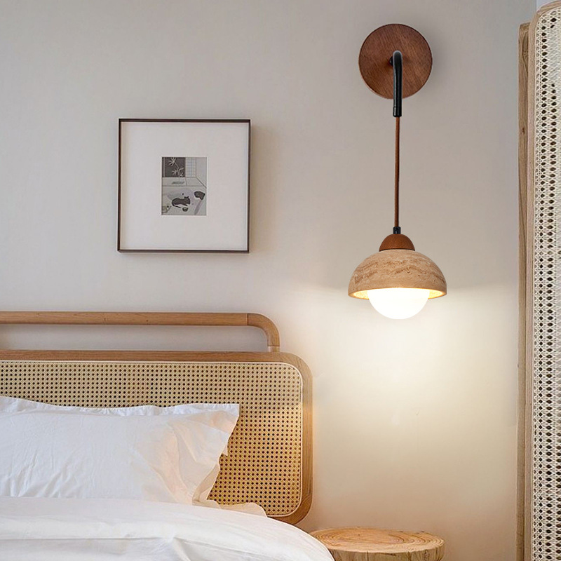 lámpara de pared de nuez cabeza de cama de madera de nuez amarilla sala de estar de madera de duraco estilo japonés retro dormitorio residencial nórdico cueva lámpara de pared de piedra