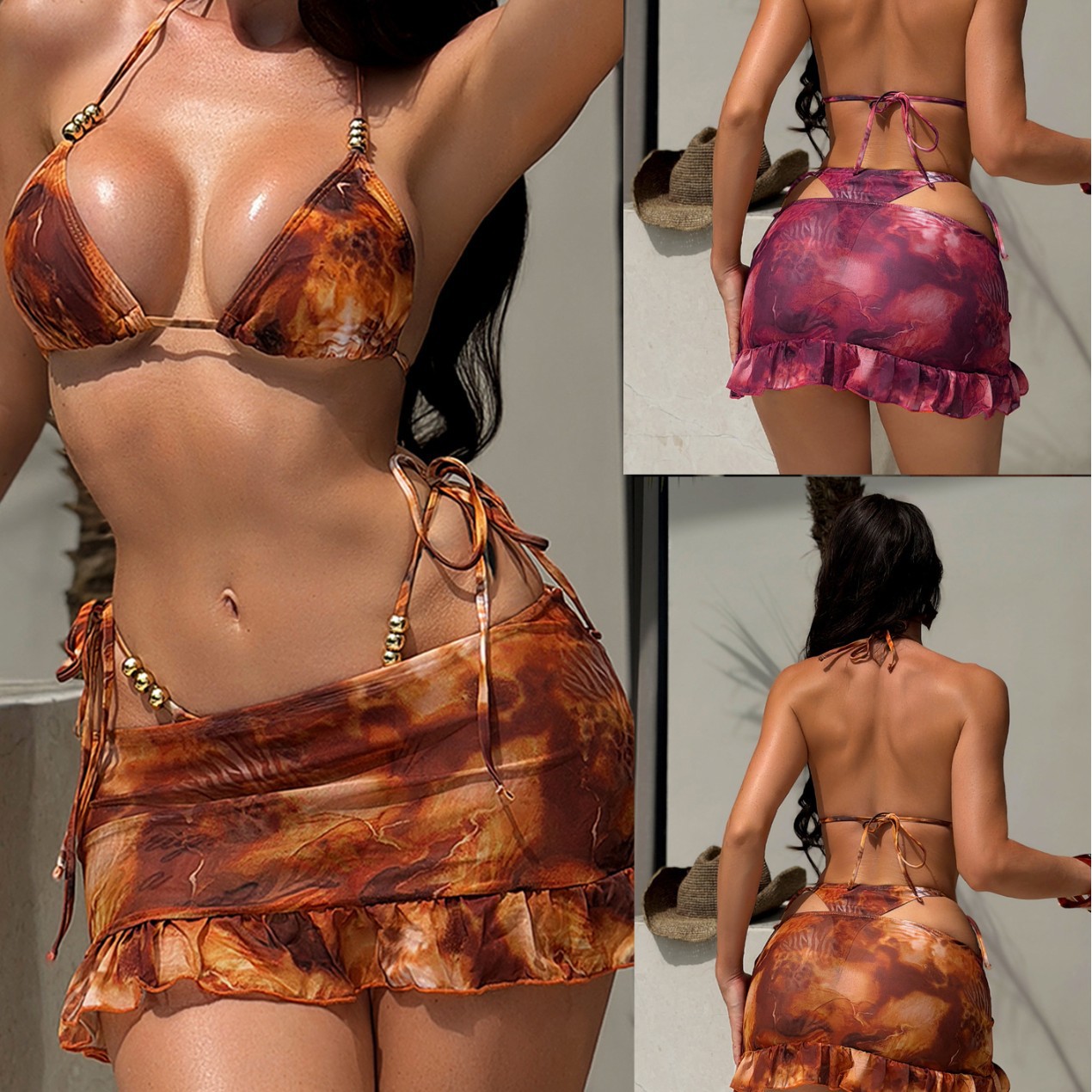 2026 Aliexpress Amazon Women's Printed Three-Piece Swimsuit Sexy Bikini Bikiniws8005