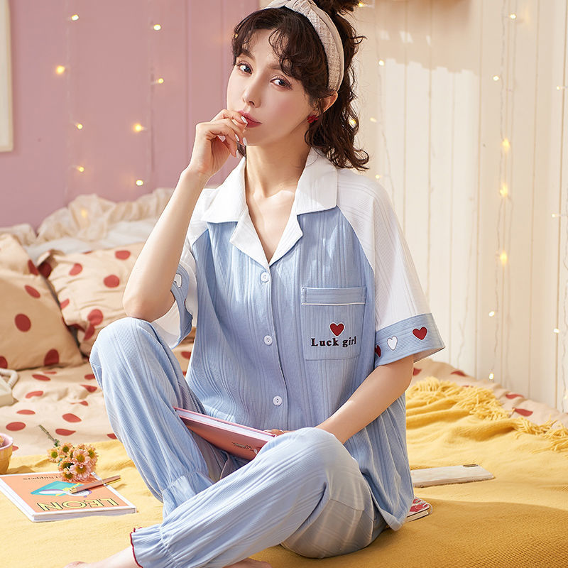 Pijamas de mujer de verano 100% algodón de manga corta pantalones de dos piezas conjunto de ropa de casa de las mujeres de primavera y otoño suelto se puede usar fuera