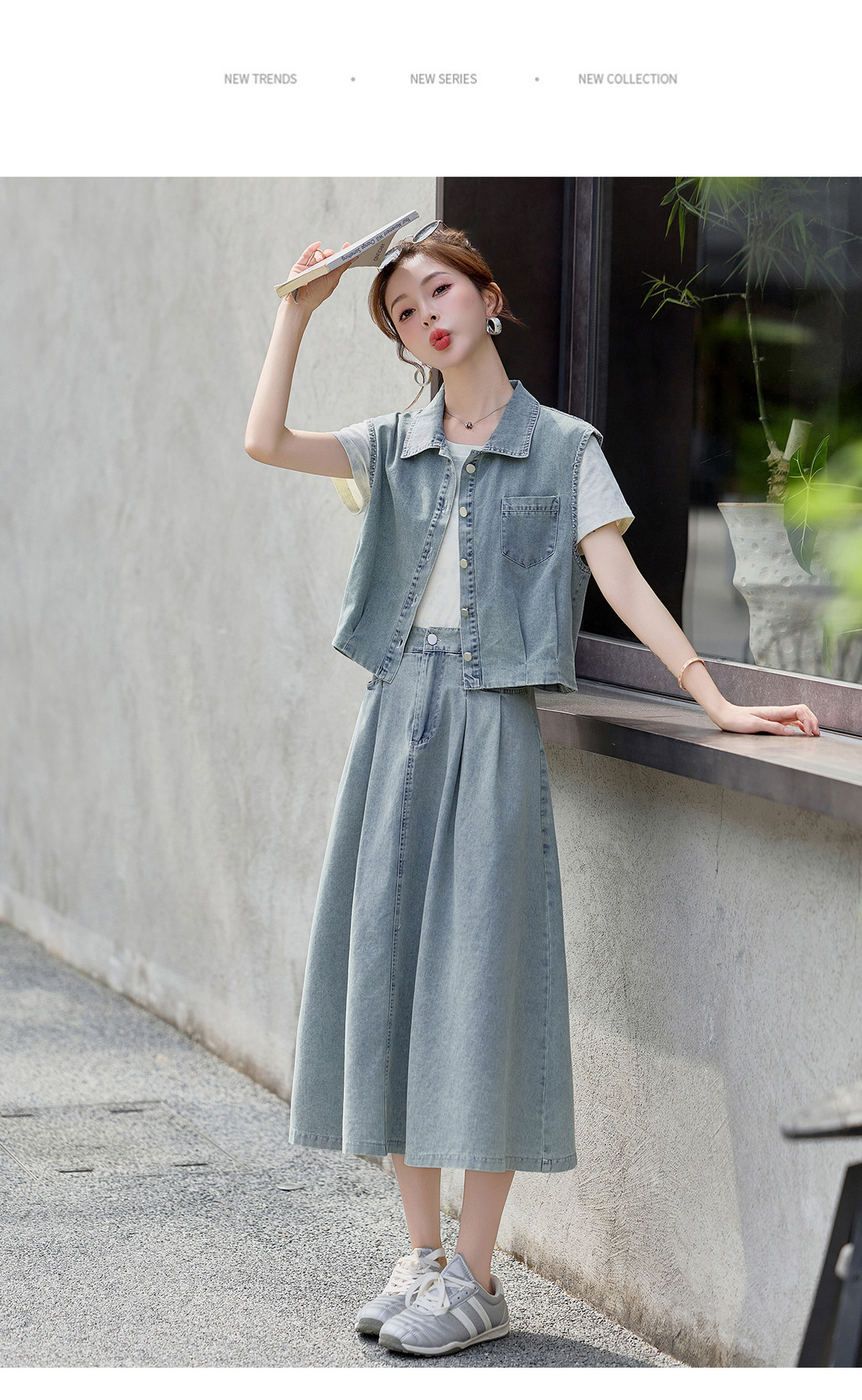 Bộ ba món thời trang nữ hè 2026: áo thun + áo khoác vest denim + chân váy midi — màu xanh nhạt, màu xanh đậm chi tiết 22