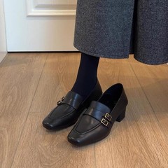 羊皮版 ~ 太ヒール一足楽福靴女性百合黒ベルトバックル小革靴本革レトロ小靴