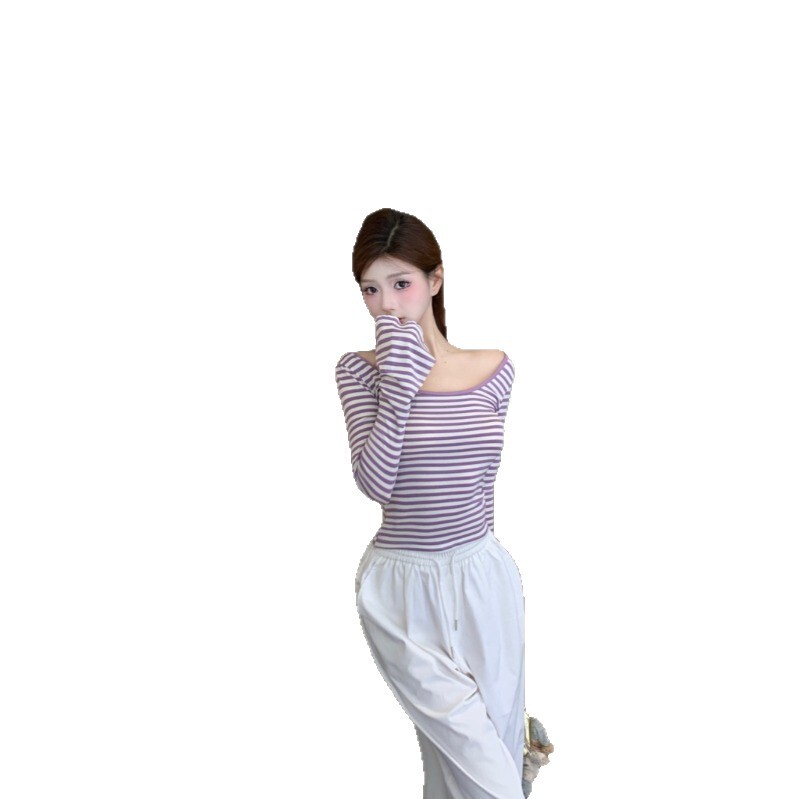条纹绑带露背u领T恤女2025秋季设计感修身打底衫纯欲显瘦长袖上衣|undefined