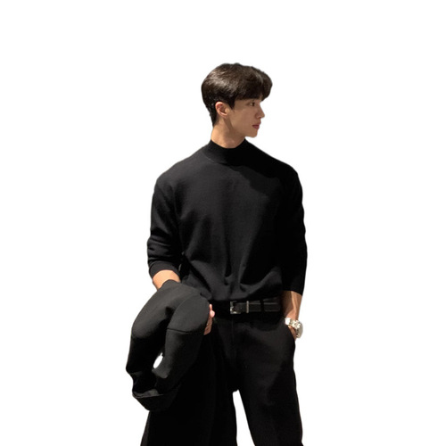 Men's Semi-High Collar Crew Neck T-Shirt for Autumn, Paired with Overcoat and Suit for Layering, Fleece Lined, Mature and Stable Men's Long-Sleeve T-Shirt