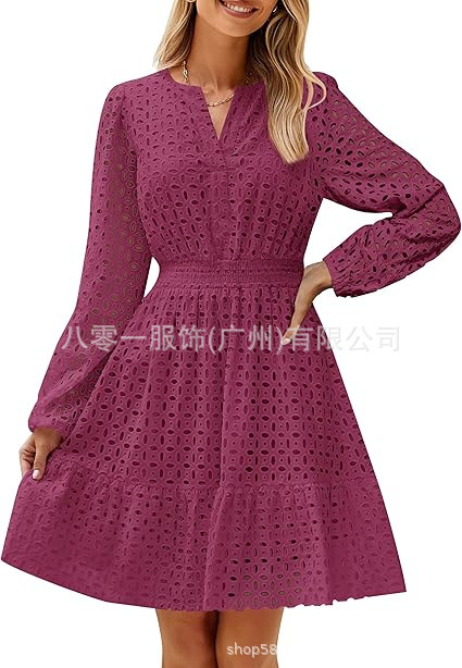 2024欧米の外国貿易クロスボーダー婦人服アマゾンの起爆vネックの透かし彫りの穴の刺繍綿の長袖のワンピース|undefined