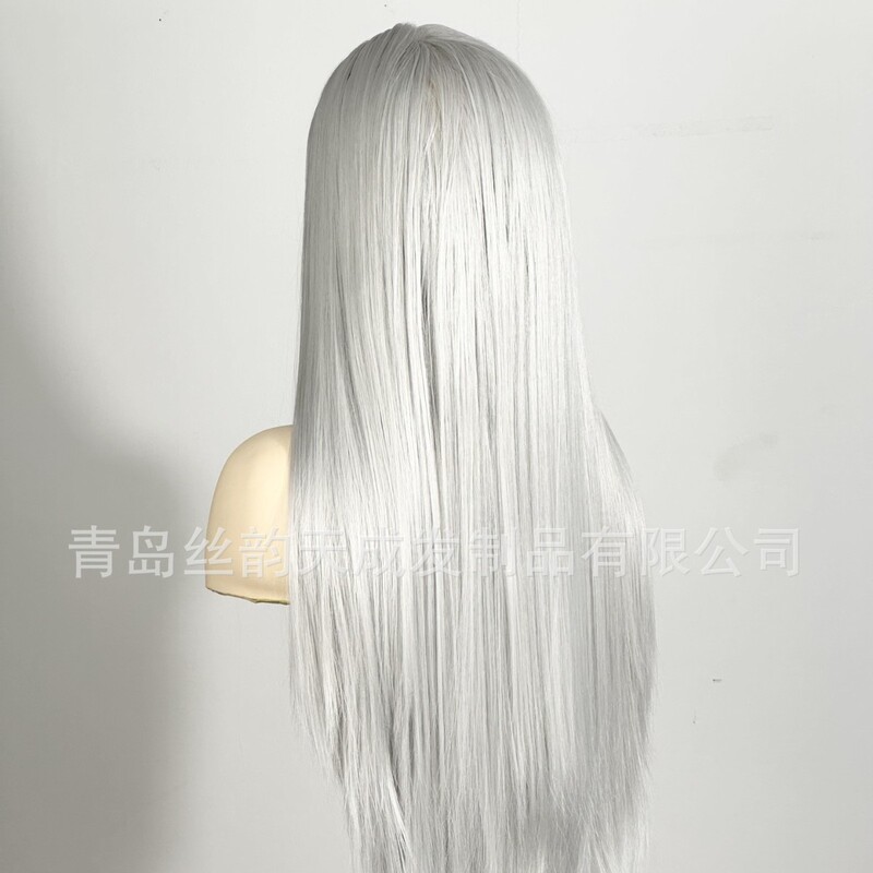 跨境银灰色假发前蕾丝手钩13*4中分顺直整顶发套cos wigs 外贸|undefined