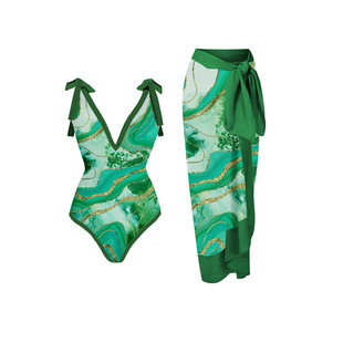 Luxurious Green Gold Textured One-Piece Swimsuit with Wrap Skirt, Bow Shoulder Straps, Women's Anti-Exposure Half-Length Cover-Up Skirt