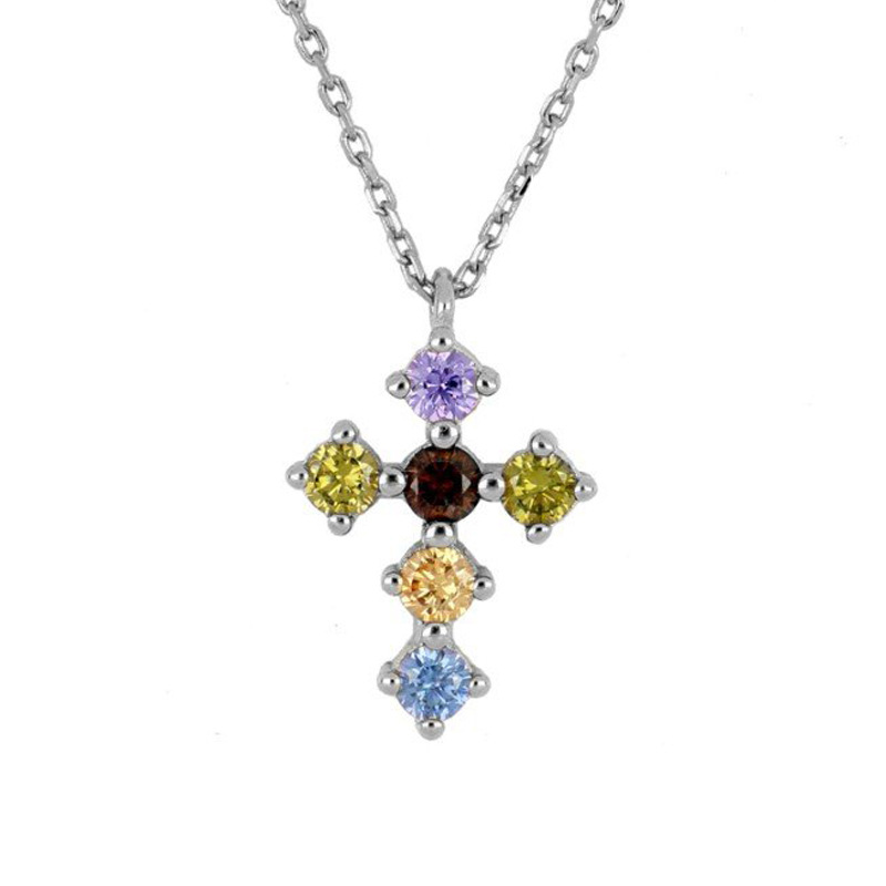 s925 sterling silver fashion cross pendant micro-inlaid colorful zircon necklace