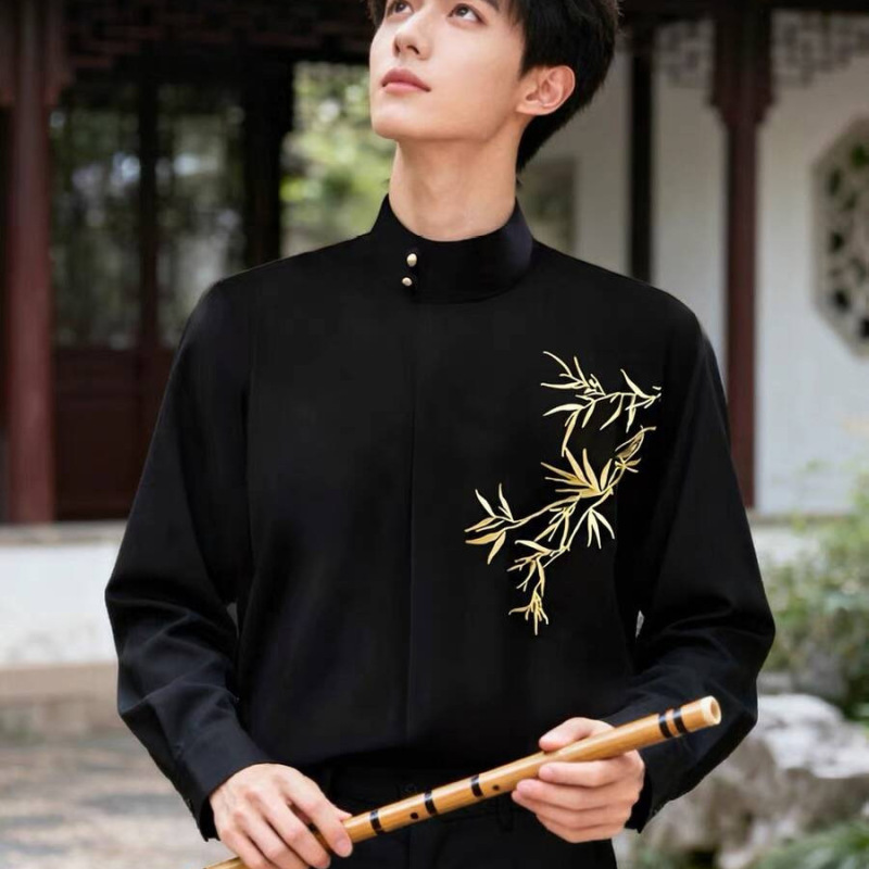 New Chinese Style Stand-Up Collar Gold Bamboo Embroidered Shirt Men's Engagement Clothes Light National Style Wedding Certificate Suit Inner Shirt New Chinese Style Stand-Up Collar Gold Bamboo Embroidered Shirt Men's Engagement Clothes Light National Style Wedding Certificate Suit Inner Shirt