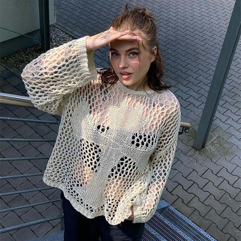 Foreign Trade Beach Knitwear 2025 European and American New Style Cut Out Long-Sleeved Loose Summer See-Through Retro Sexy Top