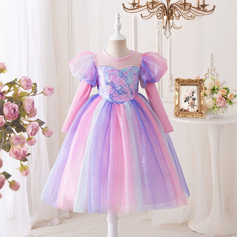 Платье-русалка 2025: новое, стильное, с длинным рукавом, детское платье принцессы, незаменимое для девочек на раннюю зиму