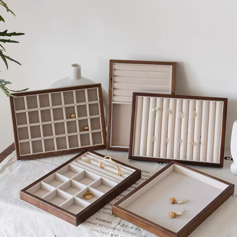 Shopping Mall Counter Jewelry Tray Display Walnut Box Velvet Jewelry Storage Large Capacity Ring Necklace Display Tray