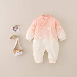 新款120克夹棉婴童连体衣蝴蝶结爬服新生儿爬服渐变婴童宝宝爬服