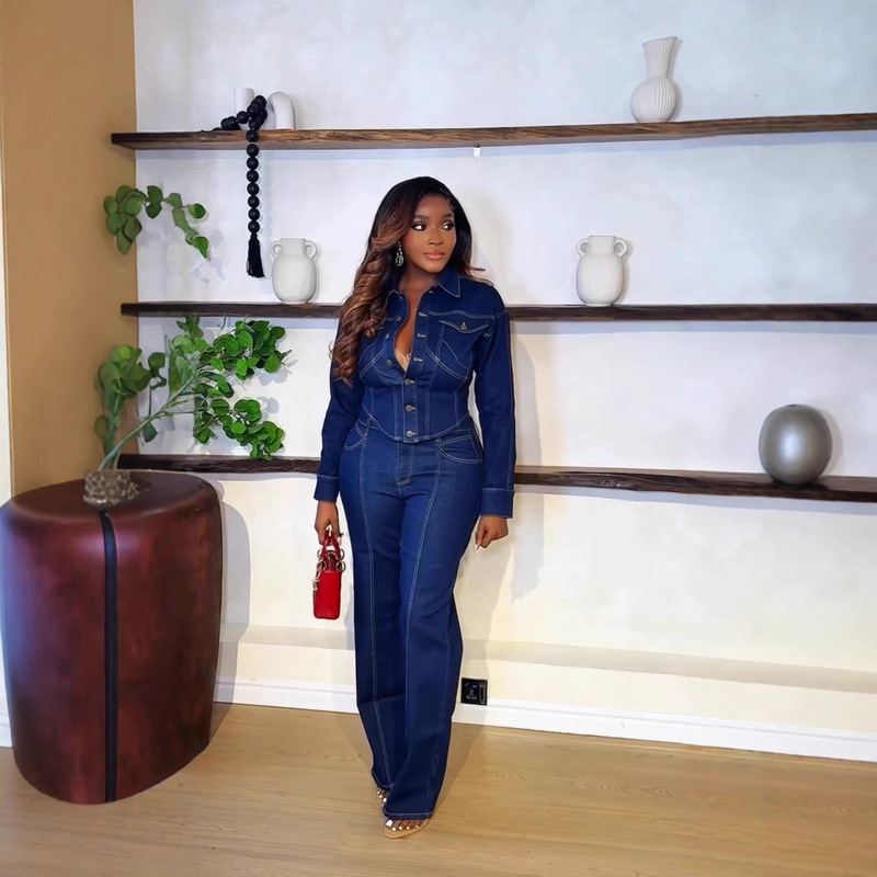 Cross-Border European and American Women's Clothing Niche Design Denim Suit Women's New Style Collared Long-Sleeved Shirt Wide-Leg Pants Two-Piece Set