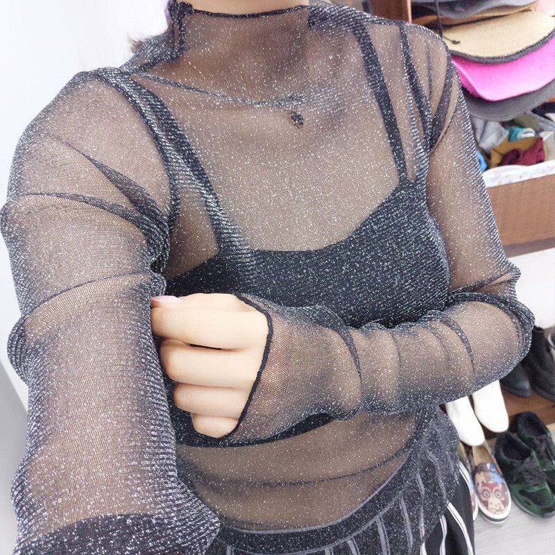 Mesh Base Shirt for Women, Lace See-Through Long-Sleeve Mesh Top, New Korean Style Mesh Black Sexy Blouse for Summer Mesh Base Shirt for Women, Lace See-Through Long-Sleeve Mesh Top, New Korean Style Mesh Black Sexy Blouse for Summer