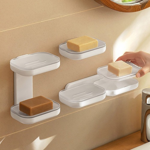 Wall-mounted draining soap box with drain tray, punch-free suction cup, double-layer draining toilet, bathroom soap storage rack