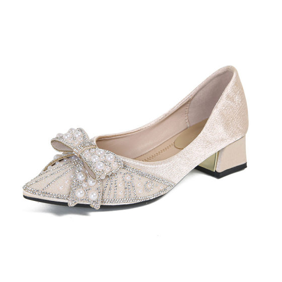 Pointed bow single-layer shoes for women 2024 New Crystal Pearl soft bottom pumps rhinestone bridesmaid shoes high heel work shoes