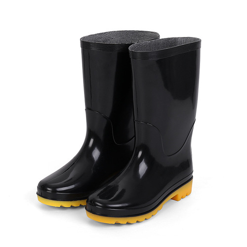 Men's mid-tube wedge water shoes, adult round toe waterproof rain boots, black mid-top rubber shoes, tendon sole rain boots