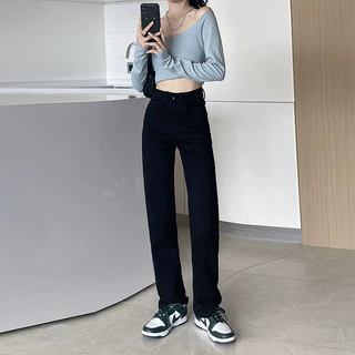 黑色直筒牛仔裤女春秋2024年春季新款高腰显瘦加长高个子烟管裤子