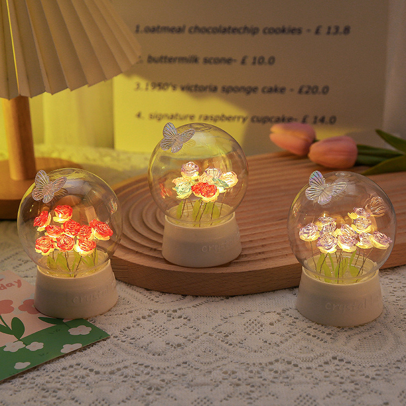 Bola de cristal, flor de rosa, tulipán, luz nocturna, red roja, luz de ambiente de bricolaje, regalo de cumpleaños para novios, día de San Valentín