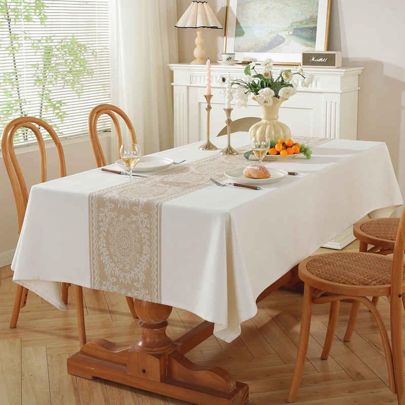 Nordic Cross-border Polyester Jacquard White And Brown Vintage Diamond Geometric Rectangular Tablecloth, Cover, Coffee_voghion.com
