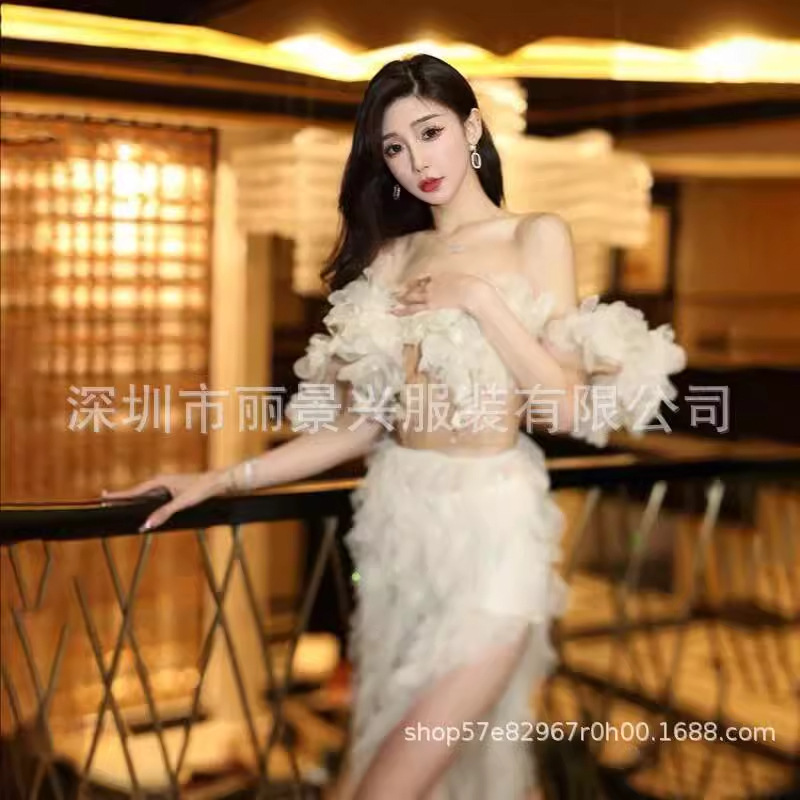 New One-Shoulder Pure White Petals Exquisite Two-Piece Set Birthday Party Photography Photo Holiday Engagement Party Dress