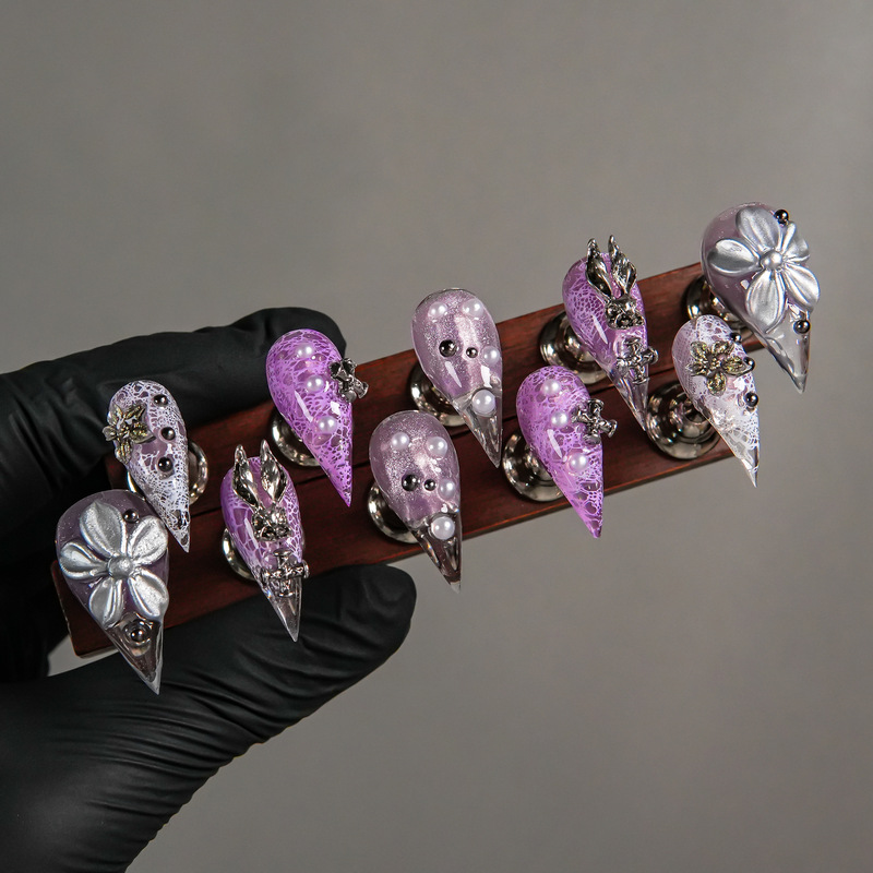 Gradient Purple Dragon Claw Dragon Armor Wearable Nails with Lace Texture, Silver Flower Metal Butterfly, Heavy Craftsmanship Handmade Finished Fake Nails Gradient Purple Dragon Claw Dragon Armor Wearable Nails with Lace Texture, Silver Flower Metal Butterfly, Heavy Craftsmanship Handmade Finished Fake Nails