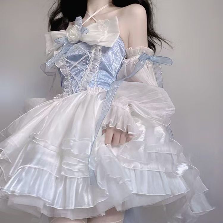 蓝色lolita连衣裙洋装设计前短后长花嫁重工大蝴蝶结拖尾公主裙子|undefined