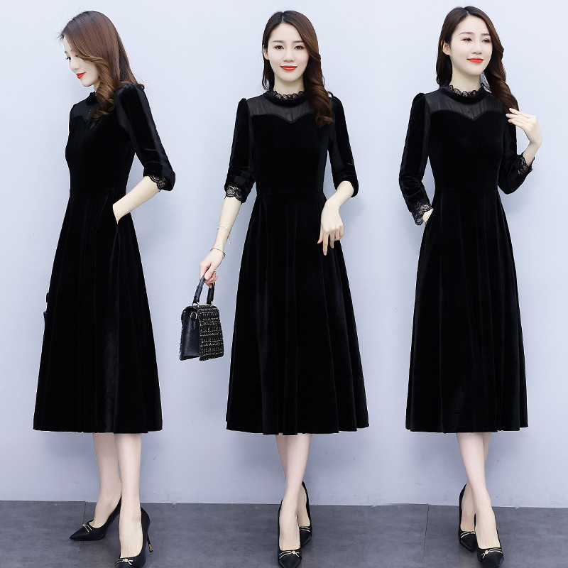 高级感金丝绒连衣裙秋季新款黑色修身洋气荷叶领长袖气质优雅别致