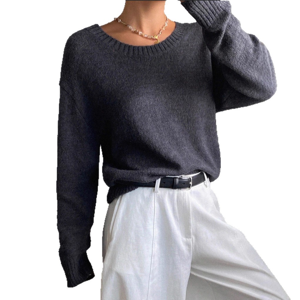 Pull en maille épaisse à col rond, style décontracté, manches longues, gris, idéal pour l'hiver._voghion.com