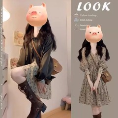 早春の甘美な服装は女性2025の新しい襟のアメリカのレトロなコートの小さい大衆のプリントのワンピースの2つのセットを着ます。