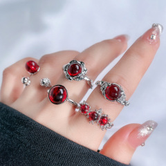 新款不規則肌理開口戒指女新年紅石個性甜酷百搭食指戒冷淡風指環