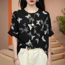 2024夏季新款短袖T恤女宽松休闲打底衫女遮肉显瘦圆领上衣雪纺衫