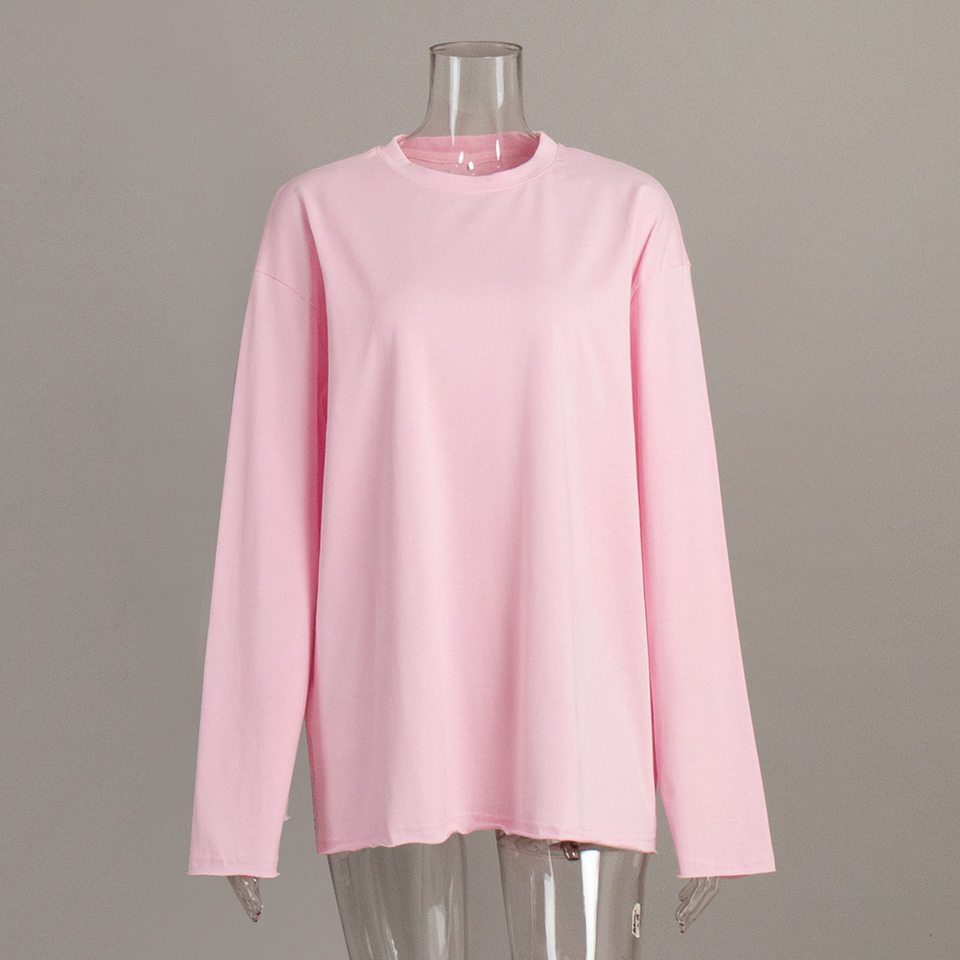 Áo thun nữ cotton 100% cổ tròn tay dài form rộng màu trơn — Màu cà phê, Màu hồng, Màu mơ, Màu trắng chi tiết 2