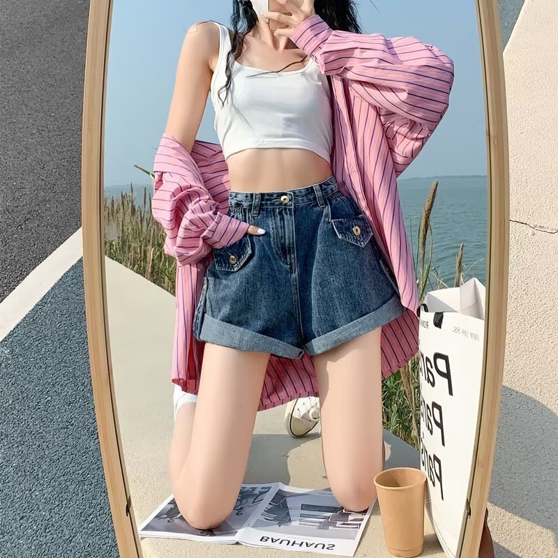 Stretch Jeans High Waist Slim Black Pants Loose Shorts Straight Wide Leg Hot Pants Women Summer 2025 New Style