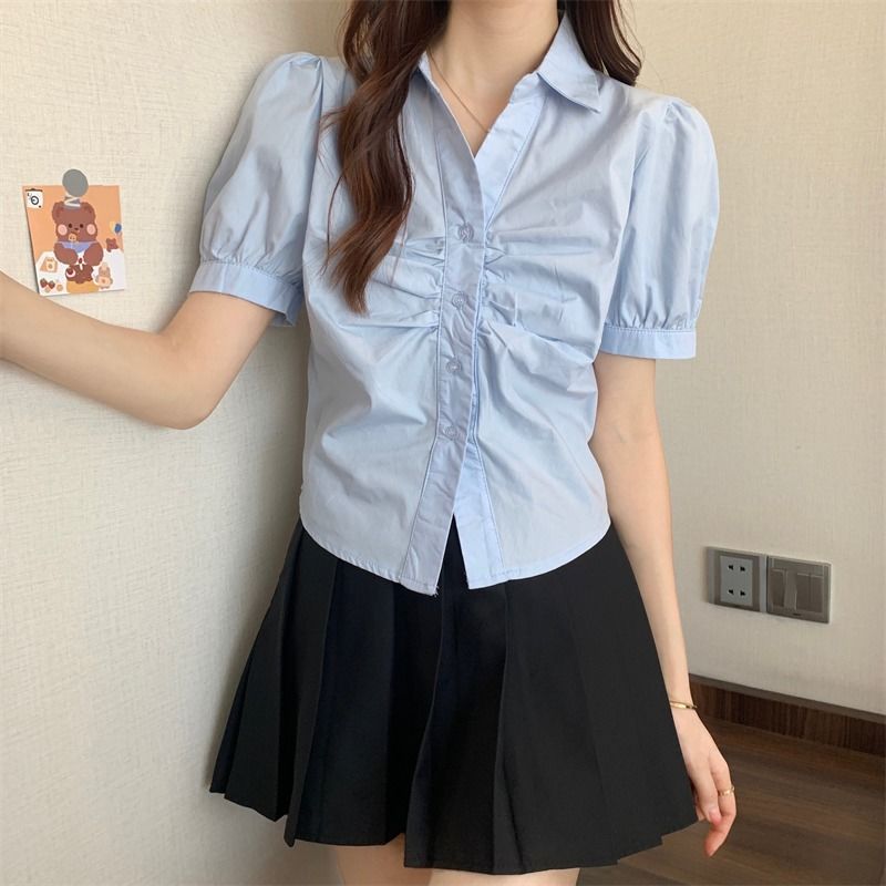 白色短款翻领泡泡袖衬衫女夏设计感小众短袖衬衣法式别致小衫上衣|undefined