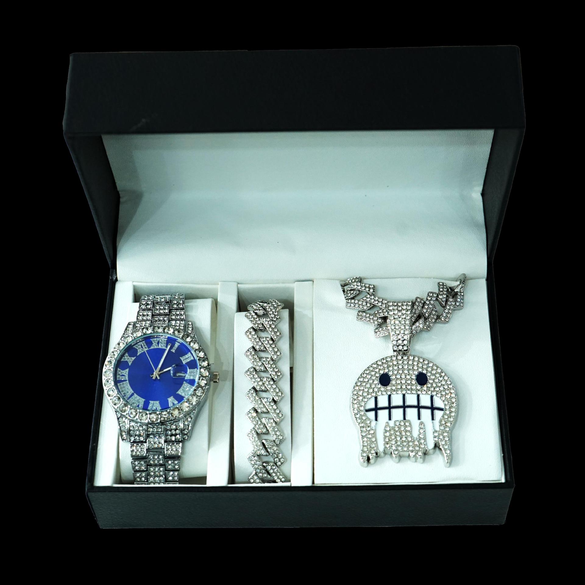 Aleación de alta calidad de moda de diamante de hielo cara colgante de collar de cadena cubana pulsera color reloj conjunto de joyas