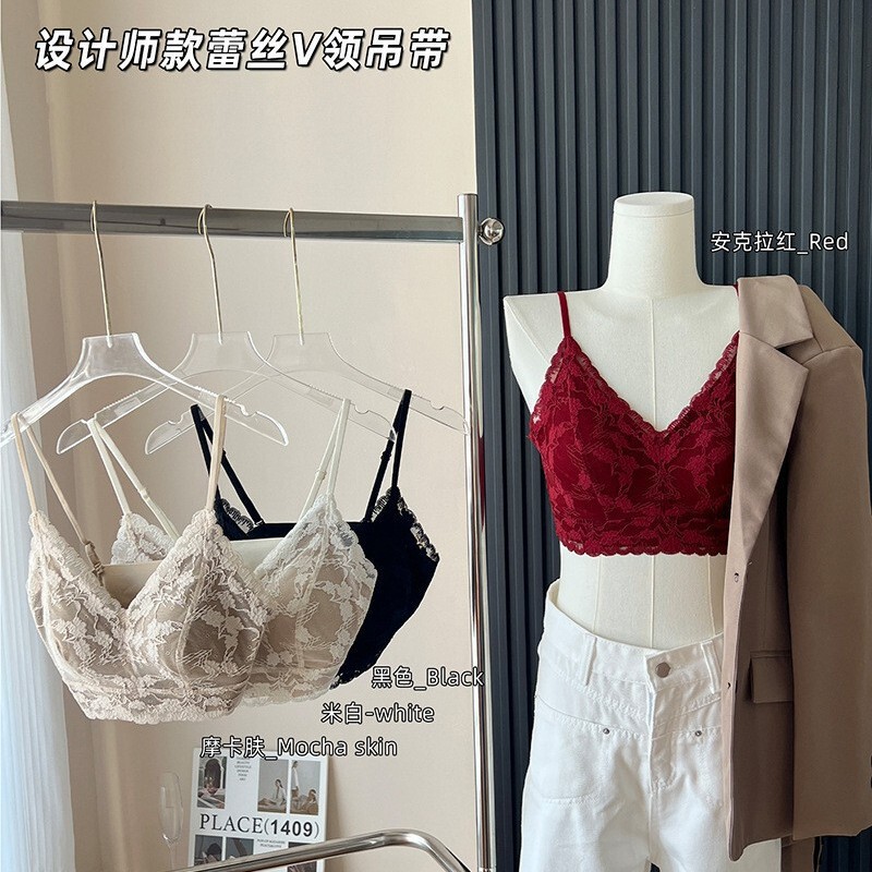 3120 # Vintage Designer Lace V-Neck Camisole Bra with Chest Pads for Women, Backless Bra with Beautiful Back Design