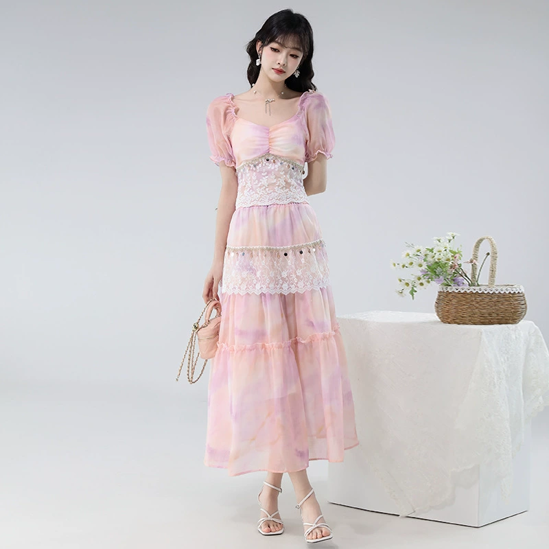 Новый летний костюм для женщин с кружевным топом и юбкой во французском стиле с милым допамином и размазанным кружевом
