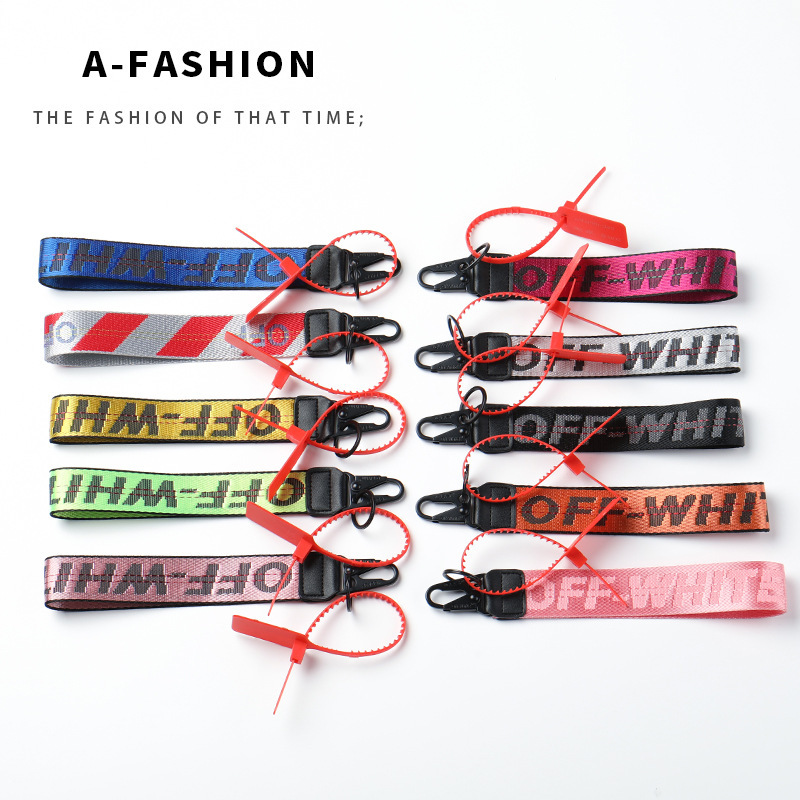 The fashion brand offwhite keychain yellow canvas embroidery English letters European and American Amazon mobile phone pendant