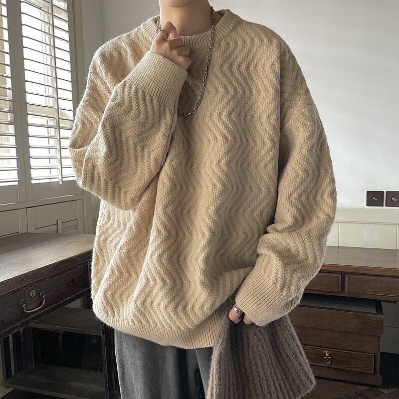 Japanese Style Lazy Style Texture Design Solid Color Sweater Men's Autumn and Winter Loose Ins Fashionable Round Neck Sweater Knitted Sweater Japanese Style Lazy Style Texture Design Solid Color Sweater Men's Autumn and Winter Loose Ins Fashionable Round Neck Sweater Knitted Sweater