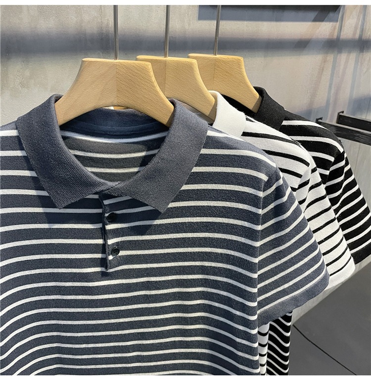 Men's Slim Fit Polo Shirt Striped Short Sleeve Ice Silk T-Shirt Business Casual Lapel Summer Top POLO Clothing_viptrois.com