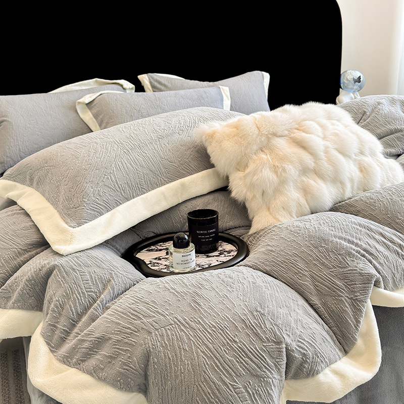 Light Luxury Pure Color Carved New Milk Velvet Four-Piece Set Thickeneded Flannel Quilt Cover Bed Sheetss Autumn and Winter High-End Bedding