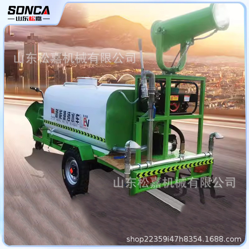 Nueva energía eléctrica de tres ruedas rociadores de agua de alta presión limpieza de carreteras saneamiento medioambiental eliminación de polvo verde pequeño camión de cañón de niebla para sitio de construcción