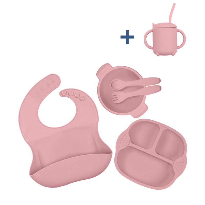 Nuevo traje de vajilla de suplemento alimenticio para niños transfronterizos Placa de silicona tazón tenedor cuchara babero taza de seis piezas conjunto de vajilla de alimentación