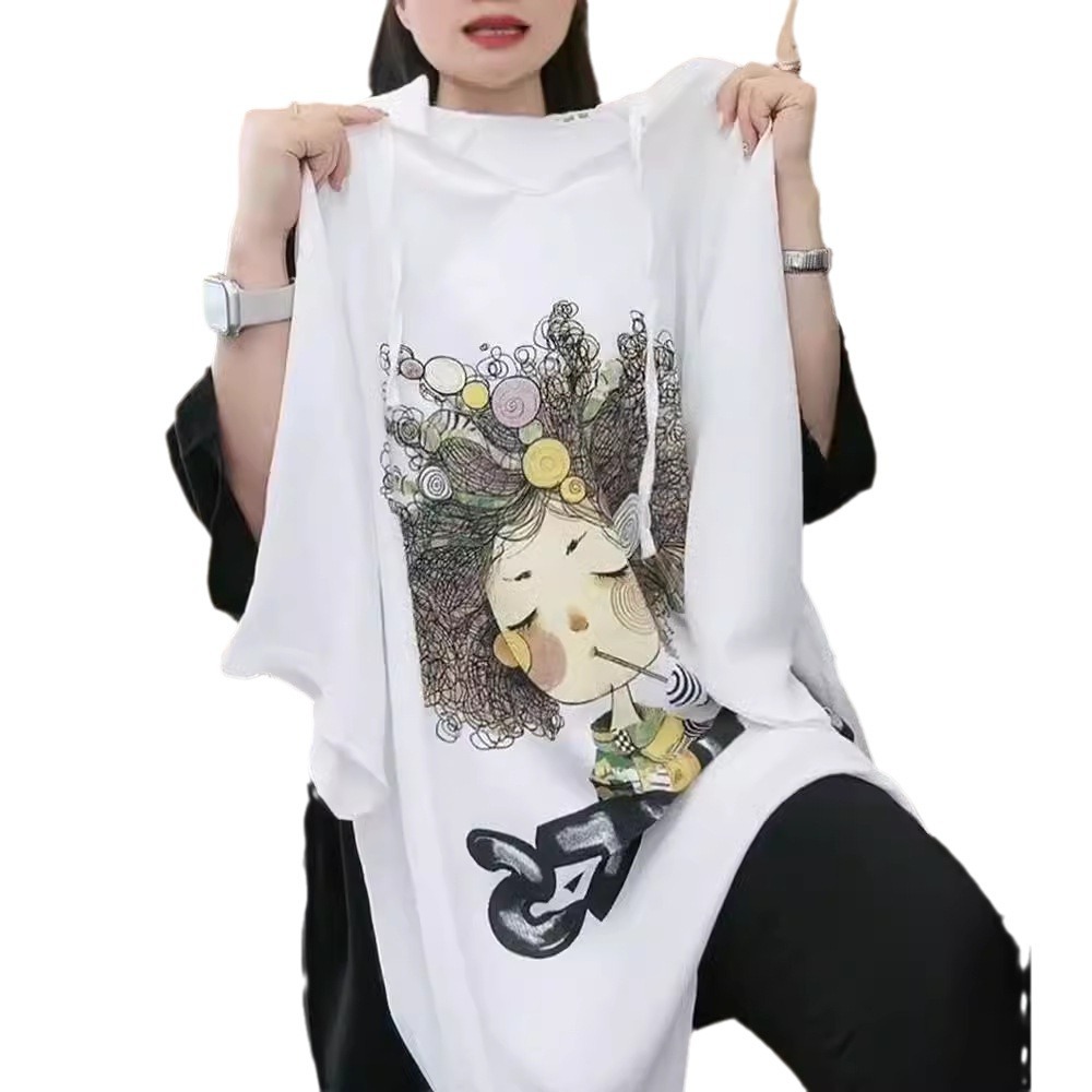 Productos europeos verano nuevo estilo suelto viento casual estampado de dibujos animados con capucha top de manga corta camiseta delgada de longitud media