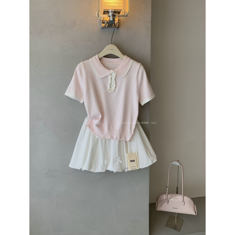 Wholesale Only, No Returns or Exchanges. Pink Color-Blocked Doll Collar with Lace Trim Polo Collar Short-Sleeve T-Shirt for Women, New Summer 2026 Model Wholesale Only, No Returns or Exchanges. Pink Color-Blocked Doll Collar with Lace Trim Polo Collar Short-Sleeve T-Shirt for Women, New Summer 2026 Model